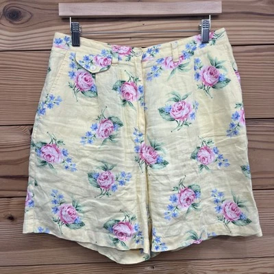 Pantalones Cortos Lauren Ralph Lauren Lino 10 Amarillo Rosa Rosas Pliegues Florales Clásicos B170 Foto 1 de 4