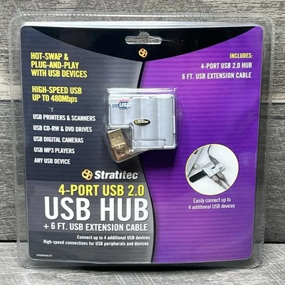 Stratitec 4-Port USB 2.0 - USB HUB (USBM4EXT)+ 6' Gold Plated Cable - NEW - Image 1 of 4