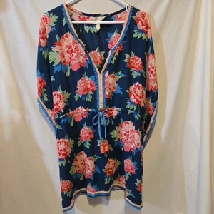 MATILDA JANE Large Kimono Swim Cover Up Dress Cotton Floral Navy Beach Vacation - Picture 1 of 10