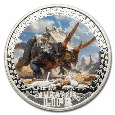 Liberia 2025 1 oz plata jurásico vida dinosaurio: Triceratops Foto 1 de 4