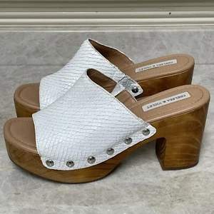 Chelsea & Violet Wooden Platform Clogs Womens 10M White Open Toe Studded Heels - Picture 1 of 13
