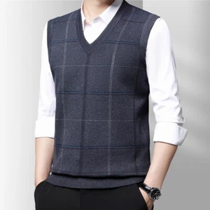 Men Check Gilet Waistcoat Sweater Jumper Sleeveless V Neck Tank Top Casual Basic - Picture 1 of 18