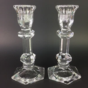 2 Vtg Block Poland Clear Lead Crystal Candlestick Candle Holders Hexagon 7" H - Picture 1 of 6