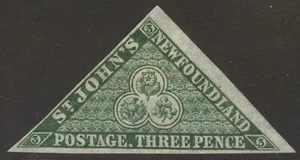 NEWFOUNDLAND 3 1857 GREEN HERALDIC FLOWERS 3d TRIANGLE DIE II UNUSED CV$1400 - Picture 1 of 2