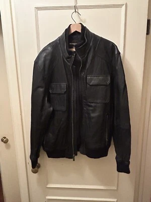 men's Michael Kors black leather bomber biker jacket L full zip - Image 1 of 4
