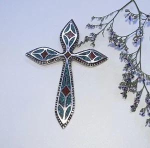 Native American Navajo Inlay Turquoise Coral Sterling Silver Cross Pendant - Picture 1 of 5