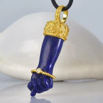 Gold Vermeil Sterling Mano Fico Figa Pendant Carved Lapis Lazuli Diamond 11.12 g - Image 1 of 4
