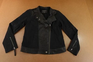 Lucky Brand Womens Small Black Leather Canvas Full Zip Moto Jacket New *Flaw - Picture 1 of 13