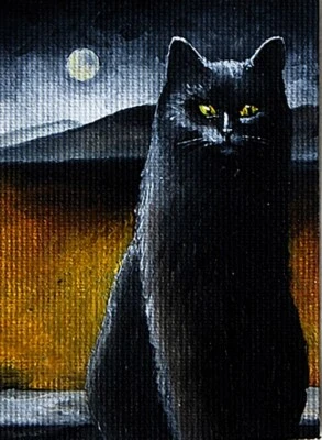 ACEO ORIGINAL ÓLEO SOBRE LIENZO PAISAJE MODERNO GATO NEGRO Pintura ARTE EN MINIATURA Foto 1 de 2