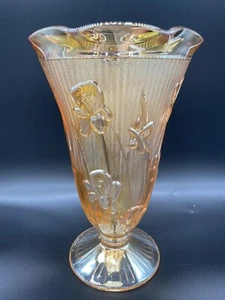 Jeanette Carnival Glass Vase Marigold Herringbone Iris Depression Glass Vintage - Picture 1 of 10