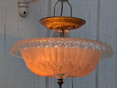 Antique 30s 40s Art Deco Nouveau Victorian Pink Ceiling Light Fixture Chandelier - Image 1 of 4