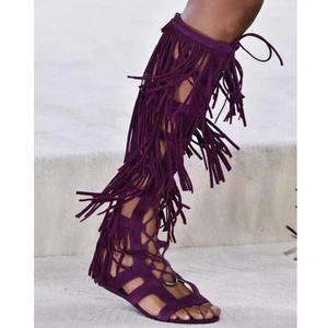 Longchamp Size 40 US 9.5 Ghillie Lace-up Fringe Sandal Purple Suede Gladiator - Picture 1 of 14