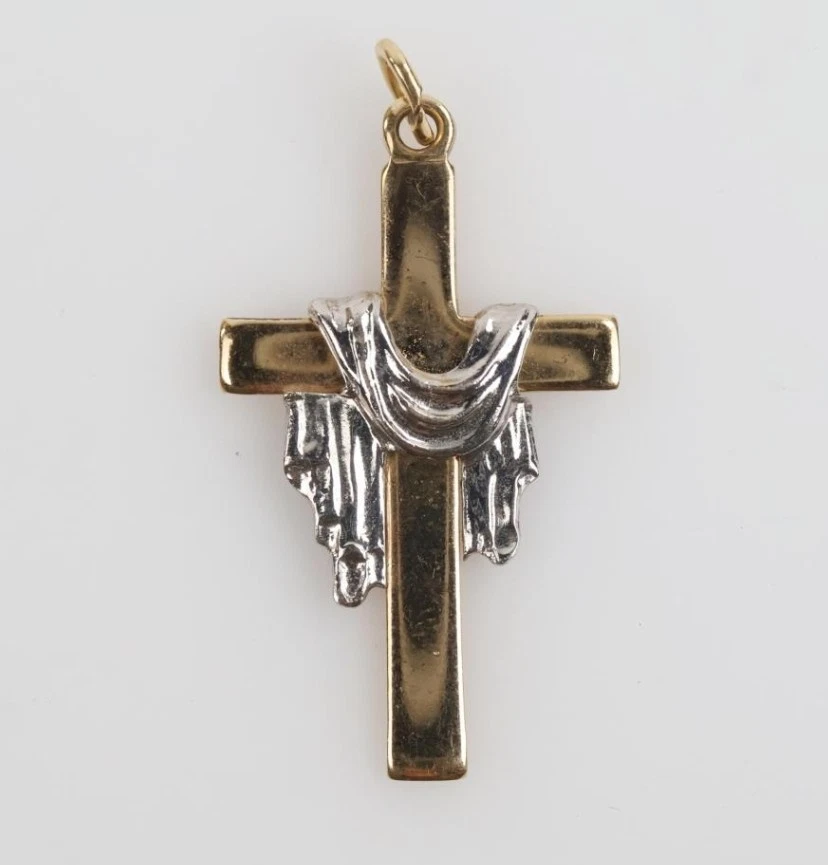 Двухцветный кулон-крест с драпированным дизайном из золота 14 карат религиозный амулет 1,7 г - Изображение 1 из 4