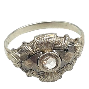Anello antico italiano anni '10 oro bianco massiccio 18k con rosetta di diamante - Foto 1 di 11