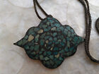 Vintage Indian Brass Crushed Turquoise Inlay Mosaic Boho Necklace Pendant