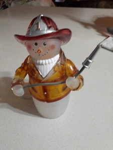 Frosted Firefighter Fireman Snowman Figurine Holding Hose W/ Fireman Helmet - Picture 1 of 7
