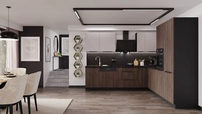 Winkelküche MONZA + ARONA 280x270 cm Küchenzeile Eckküche Küche Nußbaum Kaschmir - Bild 1 von 4