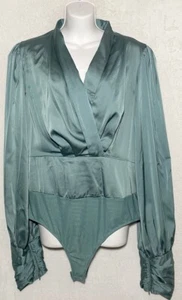 Rosevelvet Bodysuit Size 1X Persian Green Puff Long Sleeves Satin Boho Preppy - Picture 1 of 13