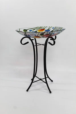 Hand-Painted Decorative Glass Plate with Metal Stand - Floral & Butterfly Design - Image 1 of 4