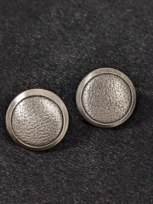 Silver Tone Textured Round Disc Clip On Stud Earrings Industrial Modernist - Image 1 of 4