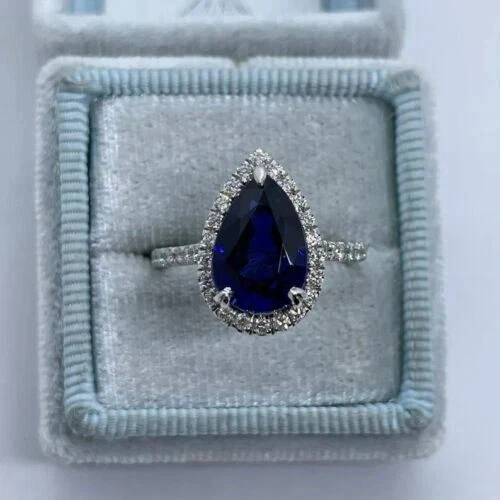 6.44 Ct Pear Cut Natural Sapphire & Diamond Wedding Ring 14k White Gold Size 7 - Image 1 of 4
