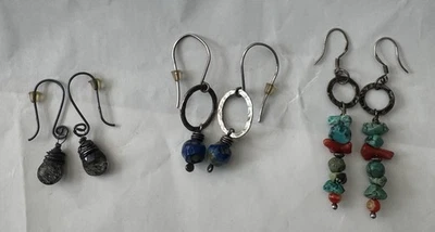 Vintage Artisan Made Sterling  Pierced Earrings  Unique Boho Lot Of 3 SALE - Image 1 of 4
