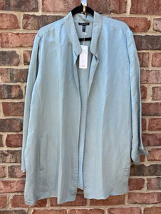 NWT Eileen Fisher Sea Foam Blue Stand Up Collar Linen Silk Blend Long Jacket 3X - Picture 1 of 7