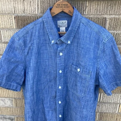 LL Bean Shirt Mens Medium Denim Blue Slightly Fitted Button Down Short Sleeve - Image 1 of 4