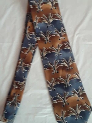 Cellini Linea Uomo 蓝色和棕色印花 100% 真丝领带,美国制造 — 第 1/4 张图片