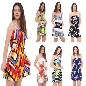 Ladies Printed Bandeau BoobtubeMini Women Bardot Sheering Pocket Dress Playsuite - Picture 1 of 8
