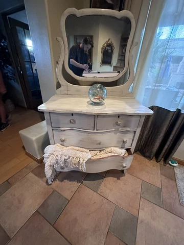 Antique Vanity Dresser with Mirror. 4 drawers With Lock Custom Designed Laura Cover