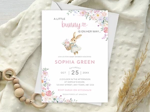 A Little Bunny Is On Her Way Baby Shower Invitations -PINK Girl Rabbit Invites - Picture 1 of 2