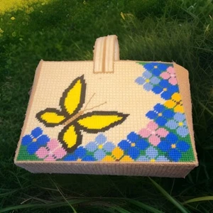 Vintage Handcrafted Needlepoint Butterfly Flowers 14x10x4 Hippie Yarn Tote Bag - Picture 1 of 11