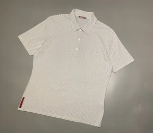 Prada Mens Cotton White Striped Red Tab Polo Shirt Tee - Picture 1 of 19