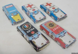 5 Vintage TN Toy Nomura 3.75" Tin Litho 1st Responder Vehicles - Police Fire Car - Picture 1 of 12