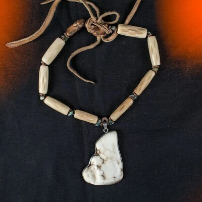 VINTAGE Native American Indian Agate, Turquoise and Hide Necklace - Image 1 of 4