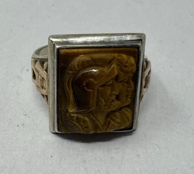 VTG Men's 10k Gold Tiger's Eye Double Warrior Cameo Ring (Size 8) PAT#1862710 - Image 1 of 4