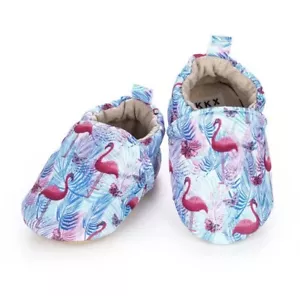 Pink Flamingo Baby Crib Shoes/ Organic Cotton Booties for a Baby Girl Size 0-6 M - Picture 1 of 5
