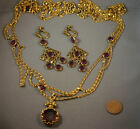 Vtg Gold Goldette Carved Amethyst Glass Cameo Intaglio Necklace Earrings Set