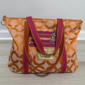 Coach Schultertasche Poppy OP Art Signature Orange Jacquard Lederbesatz Beuteltasche - Bild 1 von 16