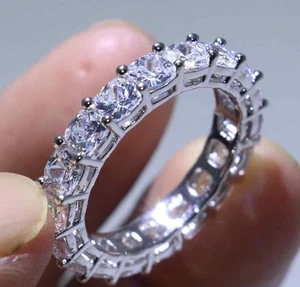 Cushion Cut 4.50 CT Moissanite Full Eternity Matching Band Solid 14K White Gold - Picture 1 of 20