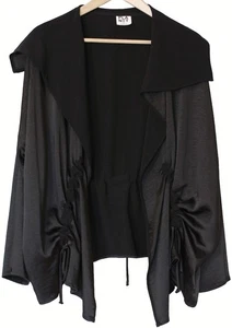 PLANET By Lauren G Black SATEEN RUCHED JACKET Drawstring Ties Satin SZ O/S - Picture 1 of 4