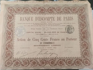 Rare Old Title, Action, Banque D'escompte De Paris, 1892 - Picture 1 of 2