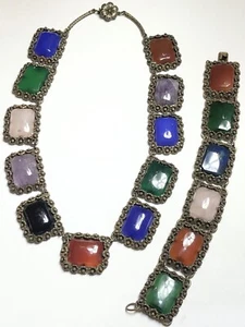 Antique Art Nouveau Floral Semi Precious Stone Necklace & Bracelet Set - Picture 1 of 10