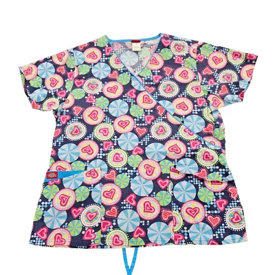 Dickies Medical Scrub Top Womens Large All over Heart Print multi color v neck - Image 1 of 4