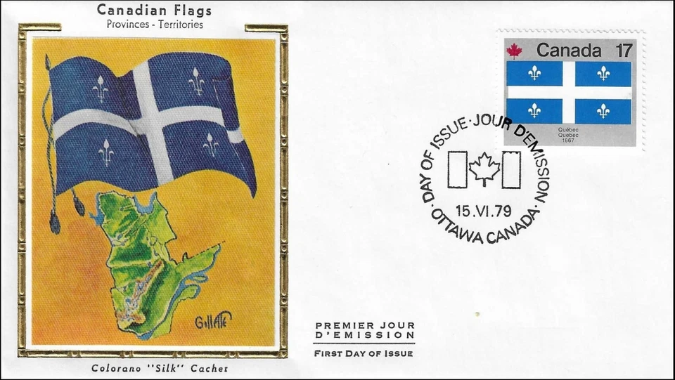 Quebec Flag And Map Canadian Flags Canada Gold Colorano Silk FDC Cachet 1979 - Image 1 of 1