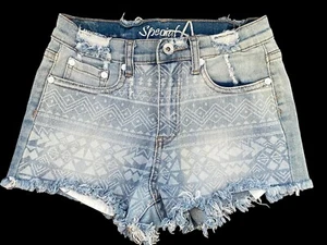 Pantalones cortos de jean Special A desgastados dobladillo crudo estampado azteca talla S - Imagen 1 de 7