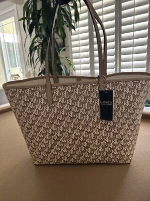 Lauren By Ralph Lauren Large Monogram Collins Tote Bag Khaki & Cream (Brown) - Image 1 of 4