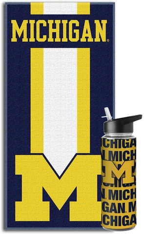 NCAA Fan Bundle- Water Bottle and Beach Towel (Michigan Wolverines Striped) Cover