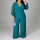 Color Solid Female Plus Size Playsuit Autumn Sleeves Belt Spring Daily